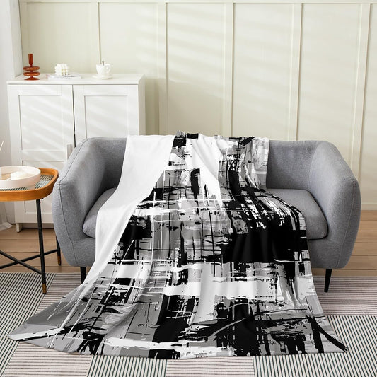 Abstract Fleece Blanket,Black and Gray White Hippie Graffiti Paint Throw Blanket for Sofa Adults,Modern Artistic Brush Smear Soft Blanket Bed Couch,Queen (90 x 90 Inches)