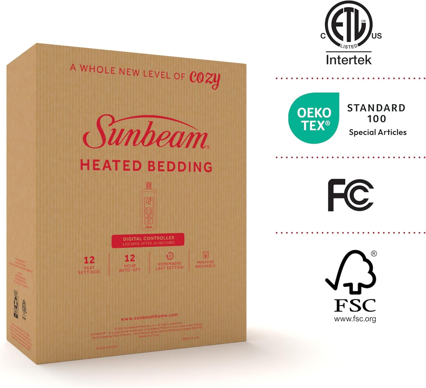 Sunbeam Electric Royal Luxe Microplush Heated Blanket, 12 Heat Settings, 12-Hour Selectable Auto Shut-Off, Fast Heating, Warm and Cozy, Cabernet Color, Full, 84" x 72"