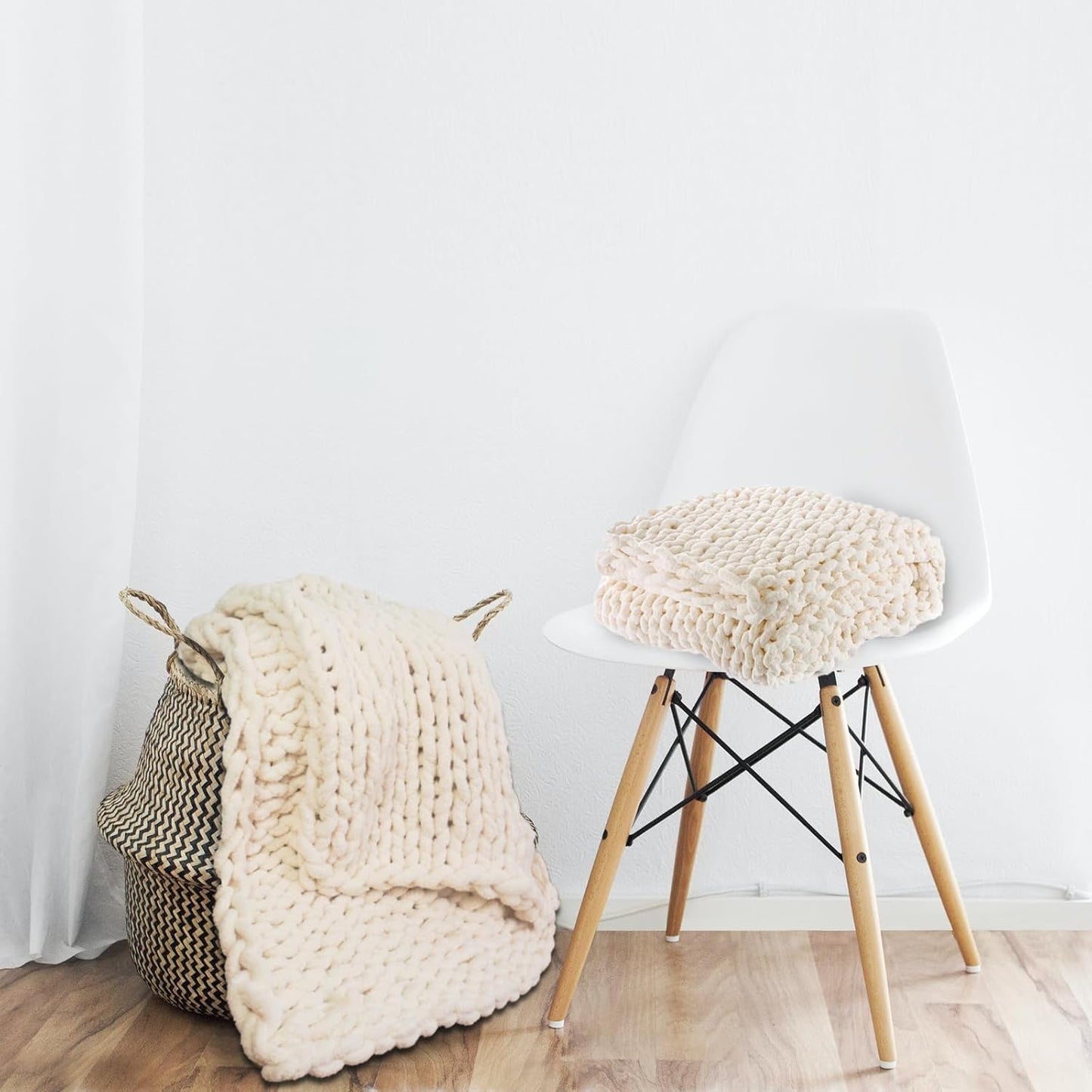 Chenille Chunky Knit Blanket Throw - Soft Chenille Yarn Throw Blanket,Warm Cozy Handmade Thick Cable Knit Crochet Blanket,Rope Knot Throw Blanket for Couch Home Decor (Beige, 50"*60")