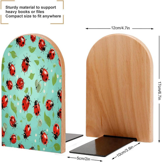 Red Ladybugs On A Blue Background Wooden Bookend Non-Slip Book Ends Heavy Duty Book Stopper with Metal Base Books Holderd Decorative Bookends Stands Firmly for Office Supplies