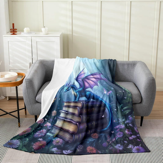 Western Dragon Flannel Blanket,Butterfly Daisy Flowers Castle Mystic Throw Blanket,Reading Books Wild Animal Cozy Throws for Bed Couch Sofa,Blue Soft and Breathable,Throw Size (50 x 60 Inches)