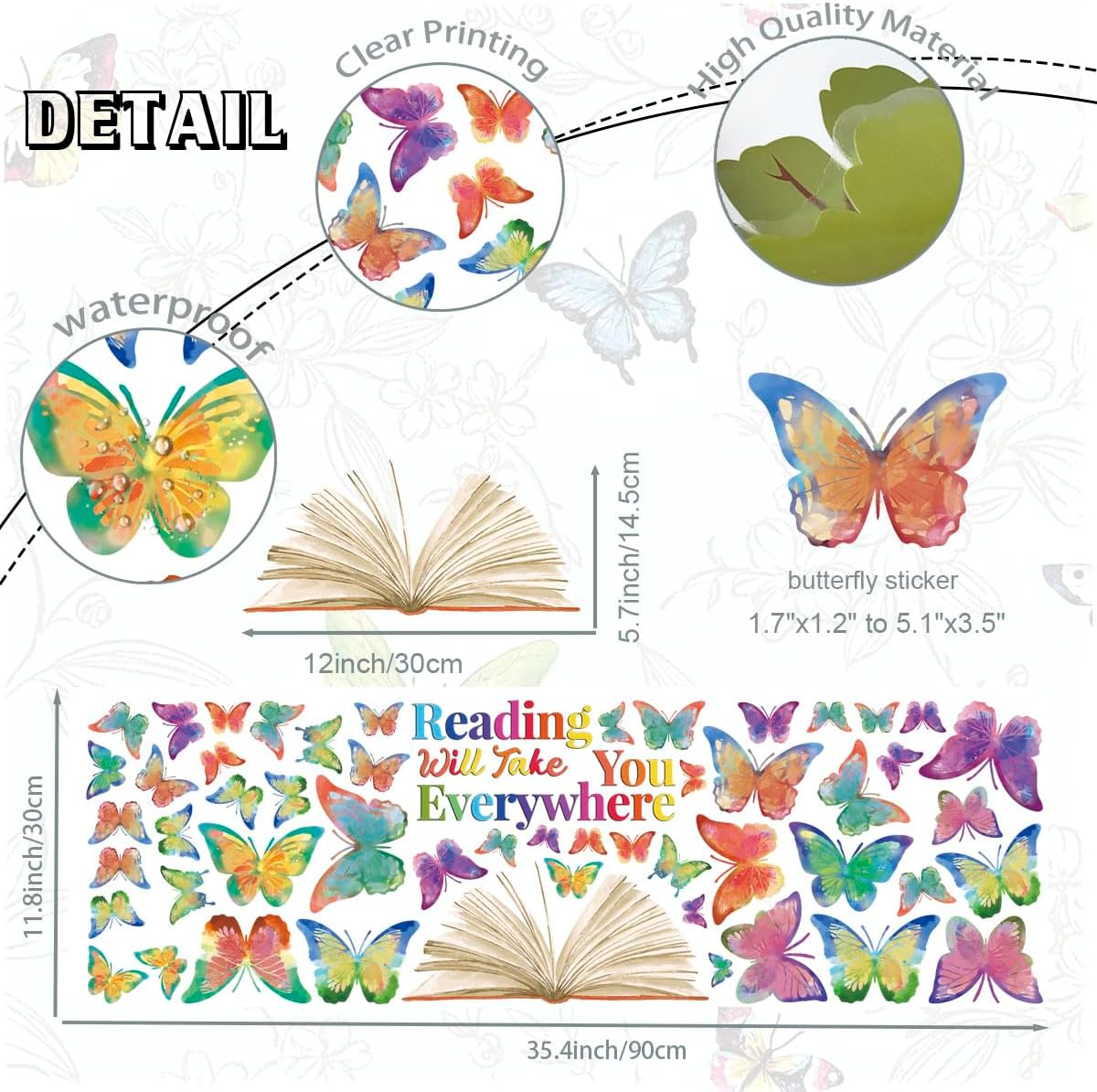 OLMIXA Colorful Butterfly Reading Book Wall Decal, Reading Will Take You Everywhere Inspirational Quote Stickers, Vinyl Butterfly Book Wall Art for Classroom Library Playroom Decor