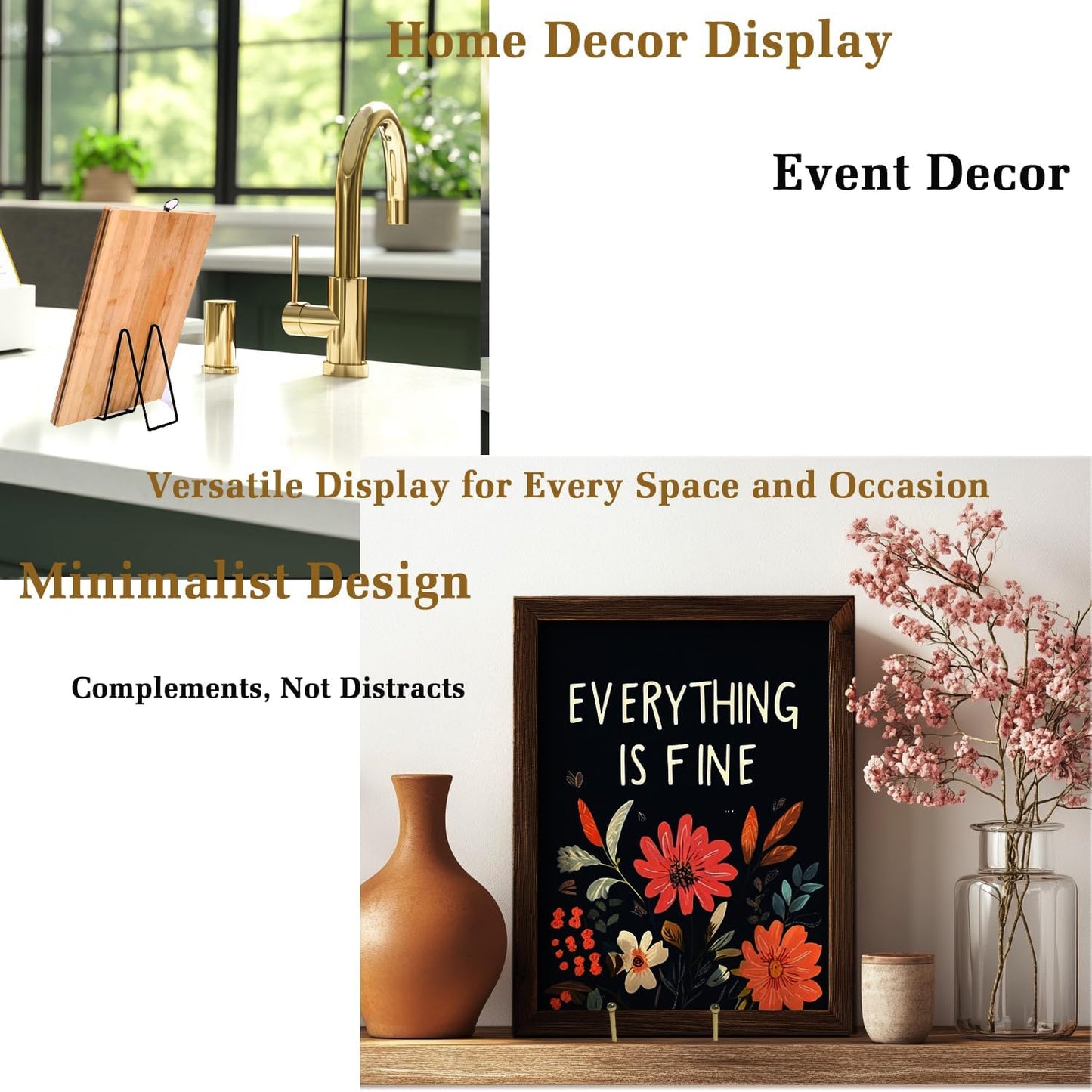 Plate Stands for Display 4 PCS - 6 Inch Plate Holder Display Stand + Metal Frame holder stand for Picture, Decorative Plate, Book, Photo Easel Golden Black(4 Pack, 2Color).