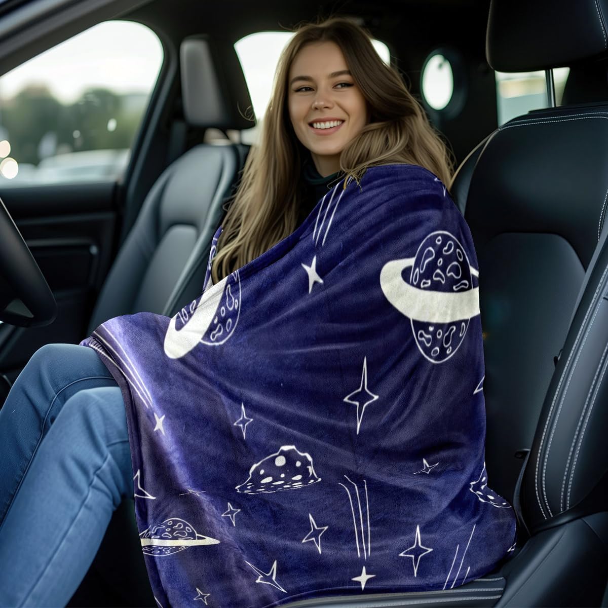 Space Blanket Super Soft Navy Blue Planets and Stars Throw Lightweight Fleece Bed Blankets for Kids Adults Couch Bed (48"x 60", Space)