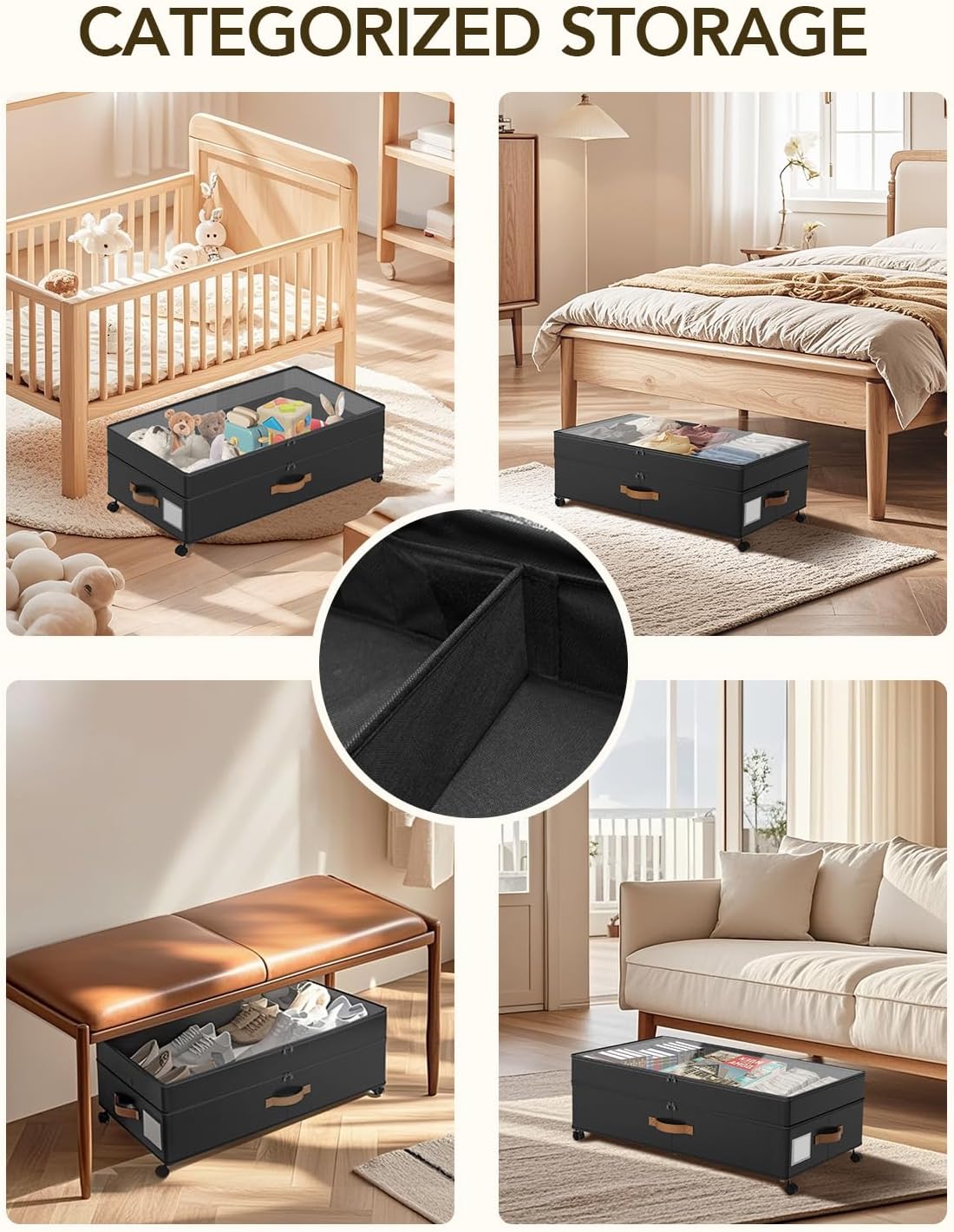 Under Bed Storage with Wheels, 10 inches Under Bed Storage Containers, 65L XXL Large Adjustable Underbed with Lids, Rolling Underbed Storage bins for Shoes, Clothes, Blankets, Black