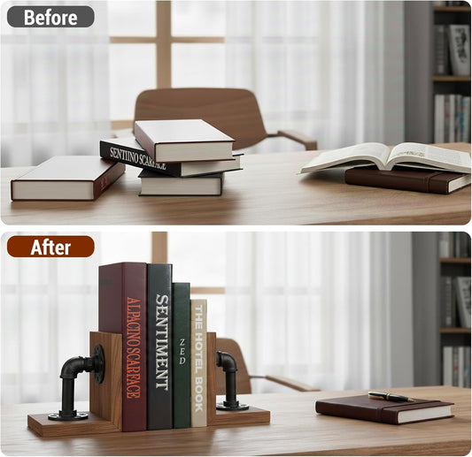 MyGift Book Ends, Decorative Bookends, Heavy Duty Book Holders for Shelves, Rustic Wood with Realistic Industrial Pipe Design,Unique Ideas for Father's Day, Christmas