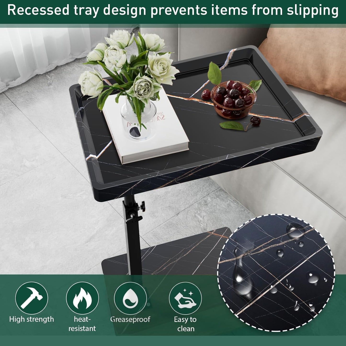 C Table End Table Adjustable Height, 360°Swivel TV Tray Table for Small Spaces, Couch Tables That slide under, C Shaped Side Tables living room and bedroom for Sofa, Bed,Chair, Snack (1, Black)
