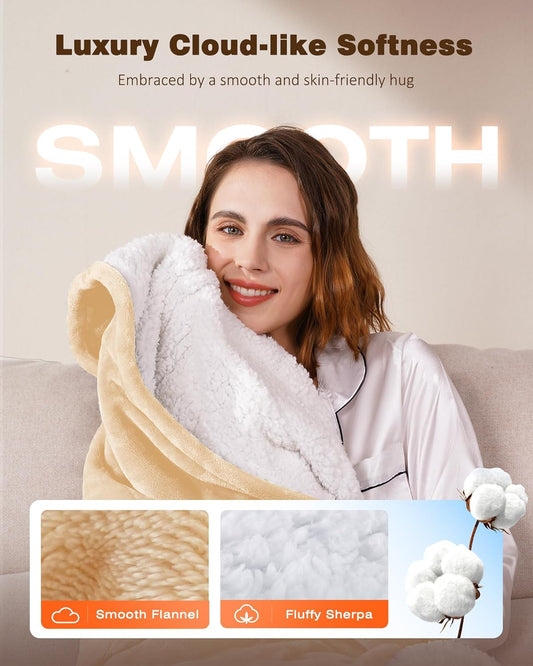 Wearable Heated Blanket - Cozy Gift for Women, Mom, Men| Reversible Flannel & Sherpa Electric Wrap with Pockets & Hood, 6 Heat Levels, 1-4H Timer, ETL Safe, Machine Wash, 50"x70" Beige