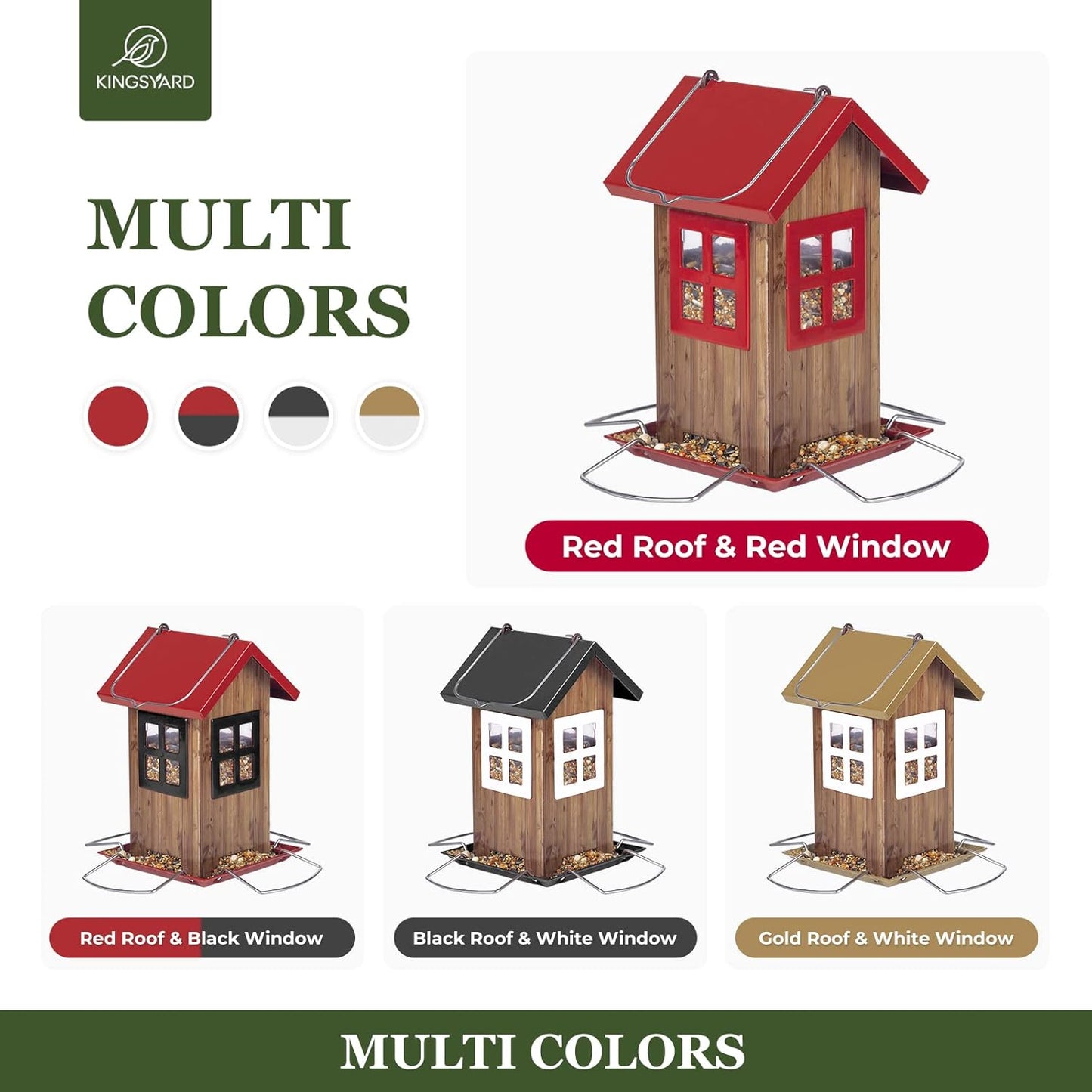 Kingsyard Cute Bird House Feeders for Outside, Hanging Metal Bird Feeder with 4 Ports, Outdoor Garden Yard Decorations for Cardinals Finches Chickadees Goldfinches & Sparrows Birds Watching