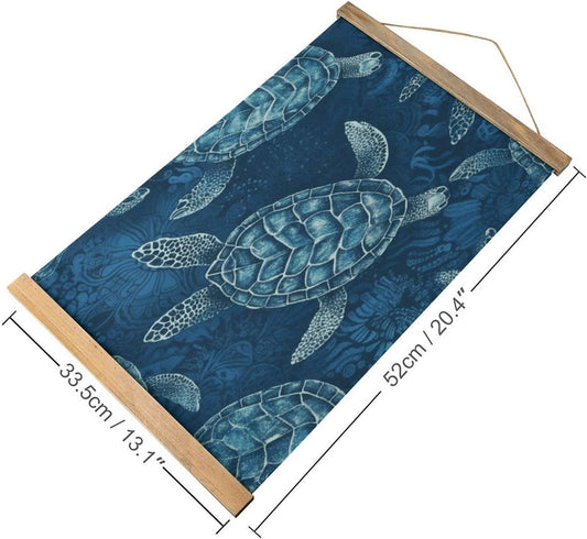 Vintage Sea Turtle-Blue Poster with Wooden Frame Personalized Linen Hanging Scroll Painting Rustic Wall Hanging Illustrative Modern Artwork Decor for Home Living Room Bedroom Office