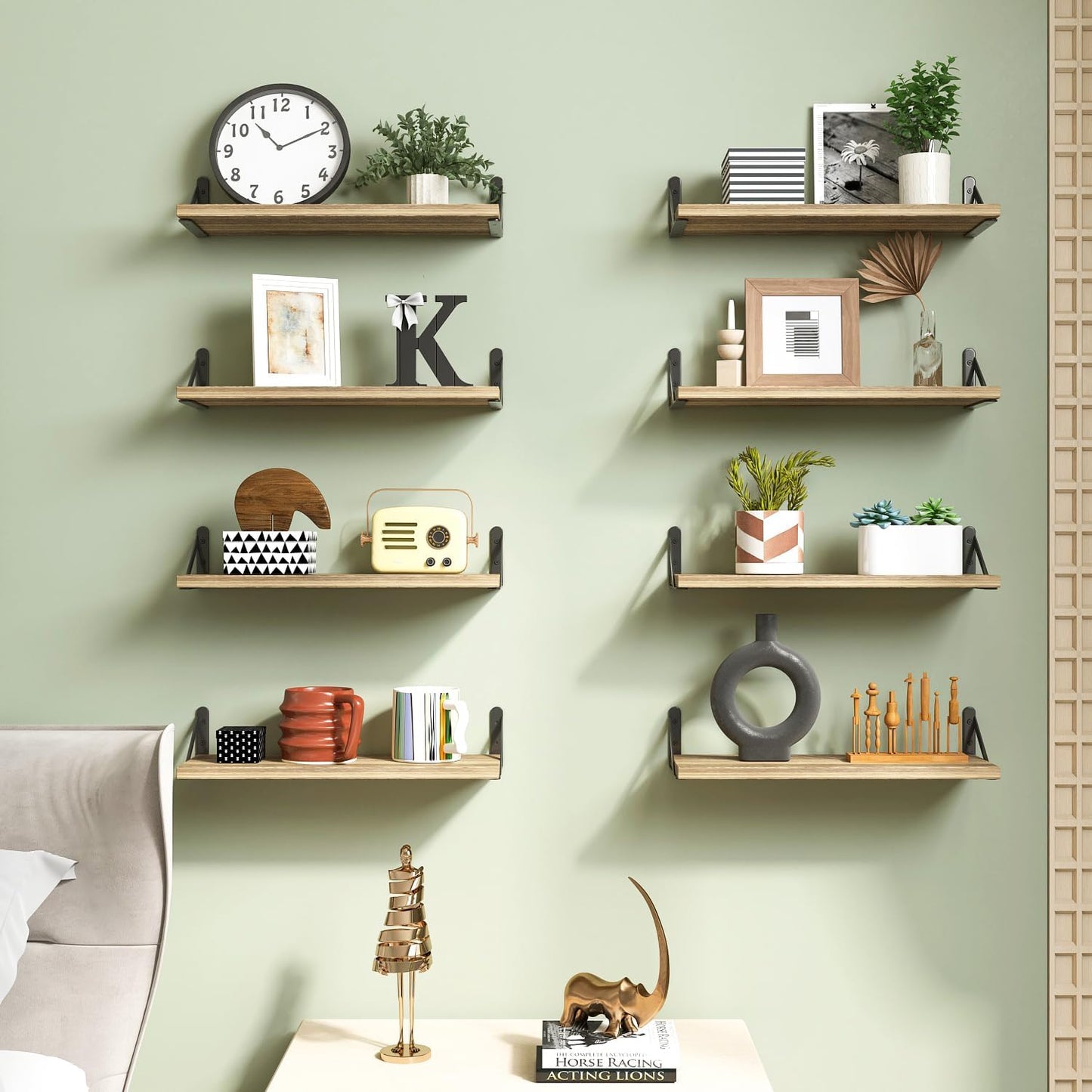 Fixwal Floating Shelves for Room Wall, Width 4.7in Rustic Wood Wall Storage Shelves for Bedroom, Living Room, Kitchen, Bathroom, Office Decor and Plants Display (Set of 8 Carbonized Black)