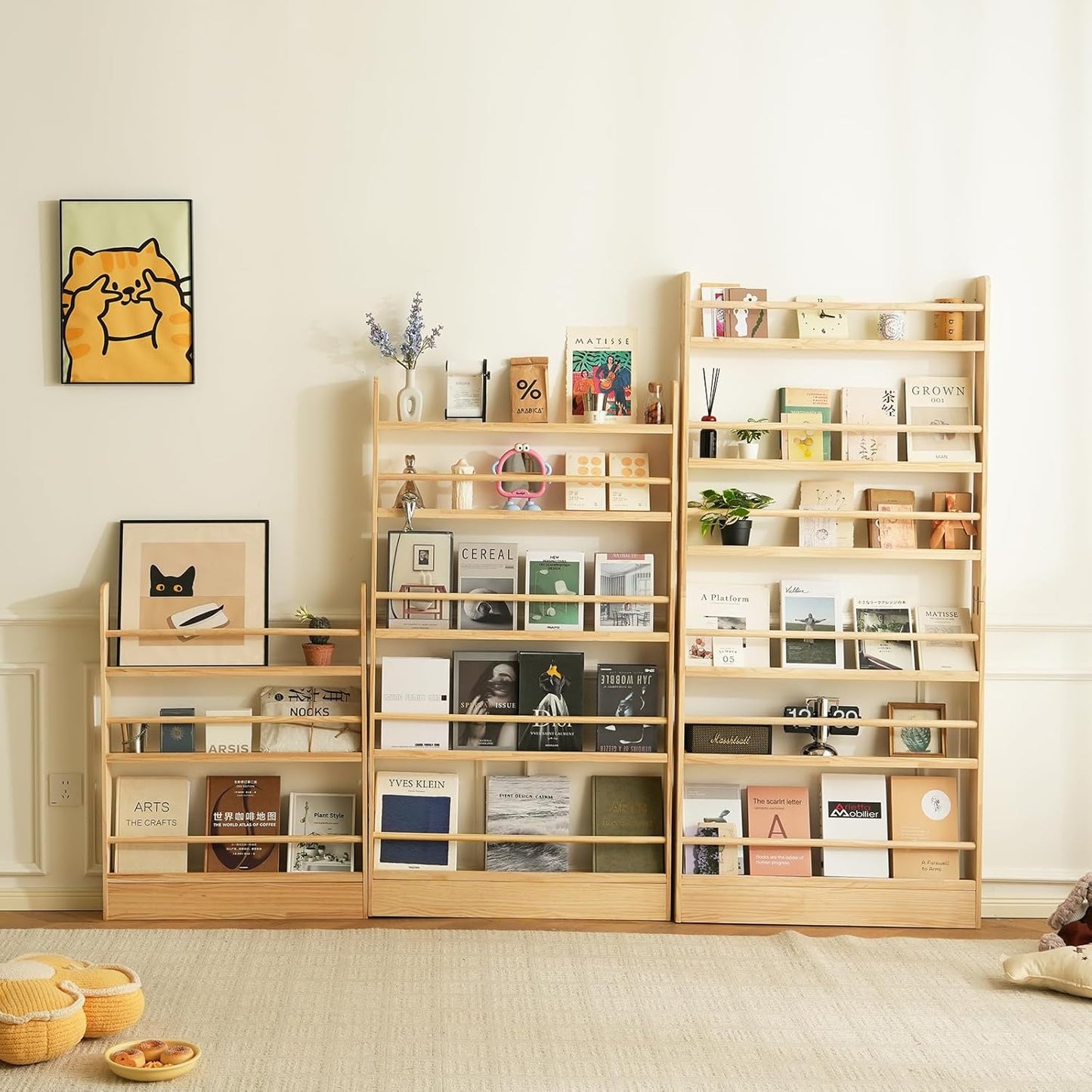 Kids Bookshelf, 6 Tier Shelves Behind The Door Book Shelf Storage, Children's Solid Wood Bookcase Space- Saving, Wall Mount Bookshelf for Bedroom, Living Room, Office and Nursery(Natural Wood)