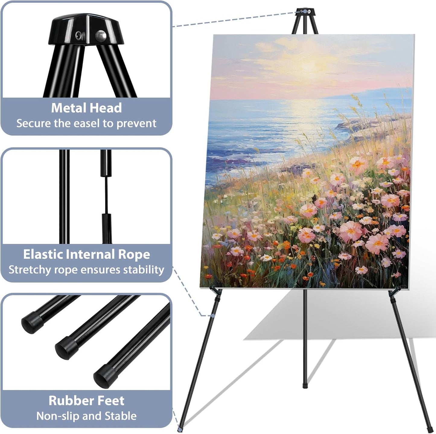 Easel Stand for Sign Picture Stands for Display, Photo Stand Floor Standing Tripod Black Easel with Support Rods, Welcome Board Stand for Wedding, Poster