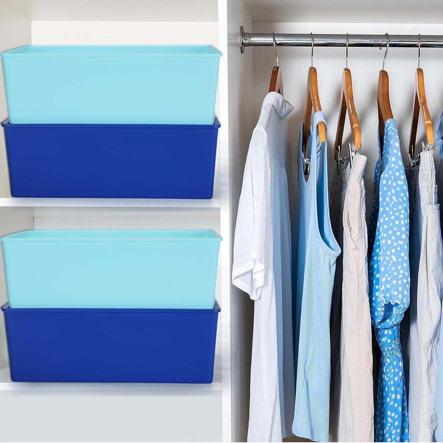 Menkxi 6 Pcs Large Plastic Storage Bins with Lids 14.4 x 10.4 x 5.1 Inch Stackable Storage Containers Decorative Cubby Organizer for Clothes Shelves Garage Closet Office (Blue Series)