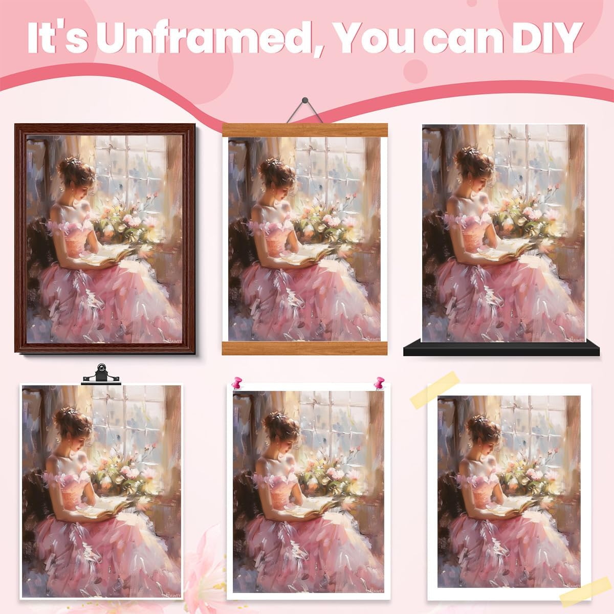 Vintage Pink Dress Woman Portrait Oil Painting Wall Art Retro Reading A Book Posters Famous Antique Female Canvas Prints Wall Decor Aesthetic for Bedroom Gallery Gift Poster Unframed 12x16inch