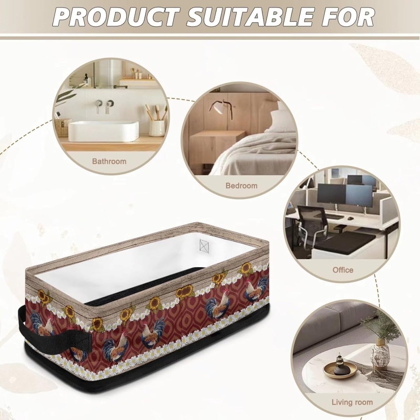 Storage Bins for Shelves, Rooster Storage Basket with 2 Handles, Decorative Fabric Closet Organizers and Storage for Organizing Home, Office, Dormitory, 13.9x7.1x4.4 Inches