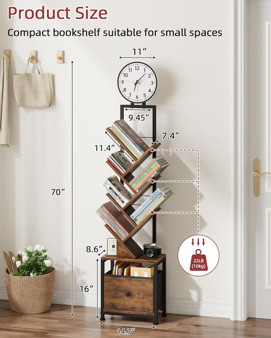 6 Tier Tree Bookshelf with Clock and Fabric Drawer, Small Narrow Bookcase, Tall Floor Standing Book Shelf for Bedroom, Living Room, Home Office, Rustic Brown