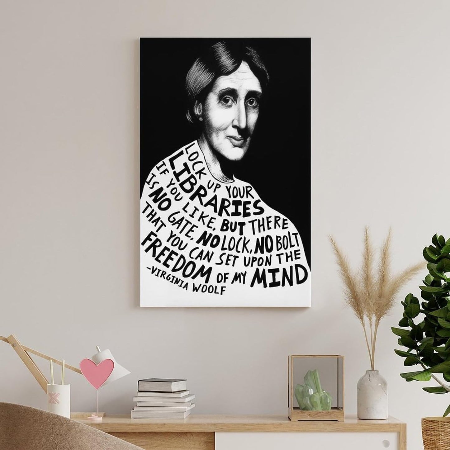 Virginia Woolf Library Freedom Quote Illustration Canvas Printing Wall Art Black White Portrait Typography Feminist Literature Prints Reading Nook Posters Book Lover Wall Decor 12x18inch(30x45cm)