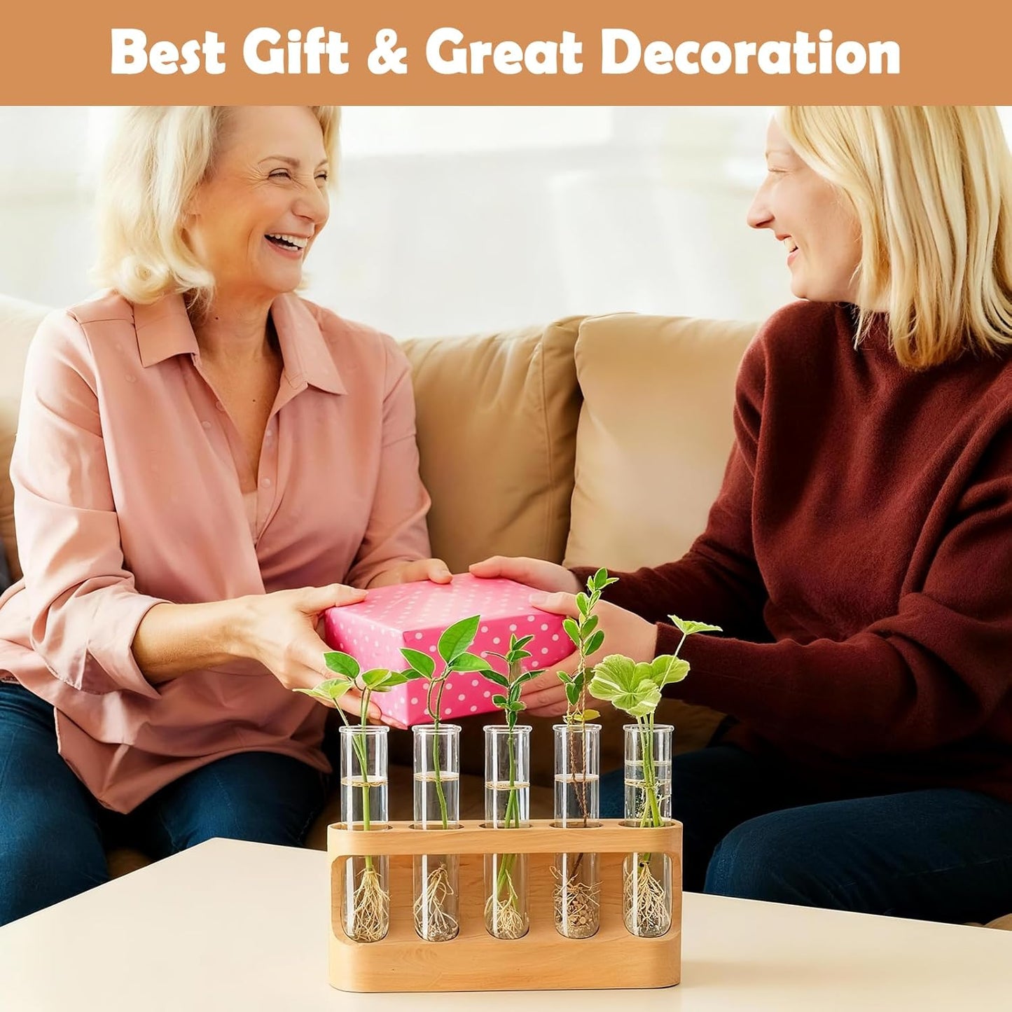 Plant Propagation Station with 9-Level Dimmable LED Light, 5 Glass Test Tube Vases, Wooden Stand for Hydroponic Plants, Gardening Gift for Women & Plant Lovers, Desktop Terrarium & Home Decor