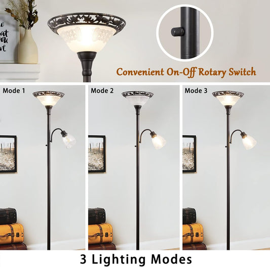 Floor Lamps for Living Room, 70" Floor Lamp Standing Torchiere Lamp with Etched Glass Shade, Metal Pole & Heavy Base, Vintage Tall Corner Lamp Decor for Bedroom, Living Room, Office. No Bulbs (2 Head)