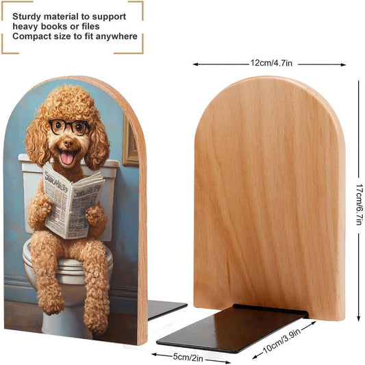 Goldendoodle on Toilet Reading Newspaper Decorative Bookends for Shelves 1 Pair Book Ends Stoppers Holder for Home Office