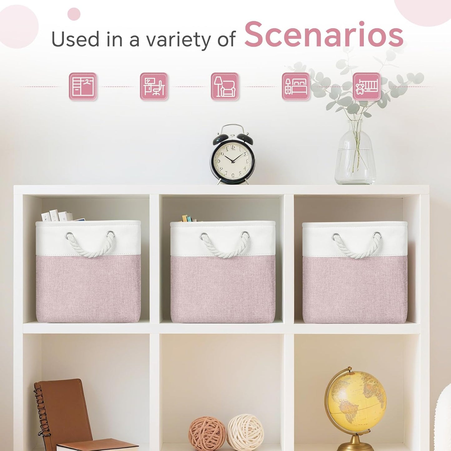 Cube Storage Bins, 6 Pack 11x11 inch with Cotton Handles for Closet, Shelves, Clothes, Towel (White/Pink)
