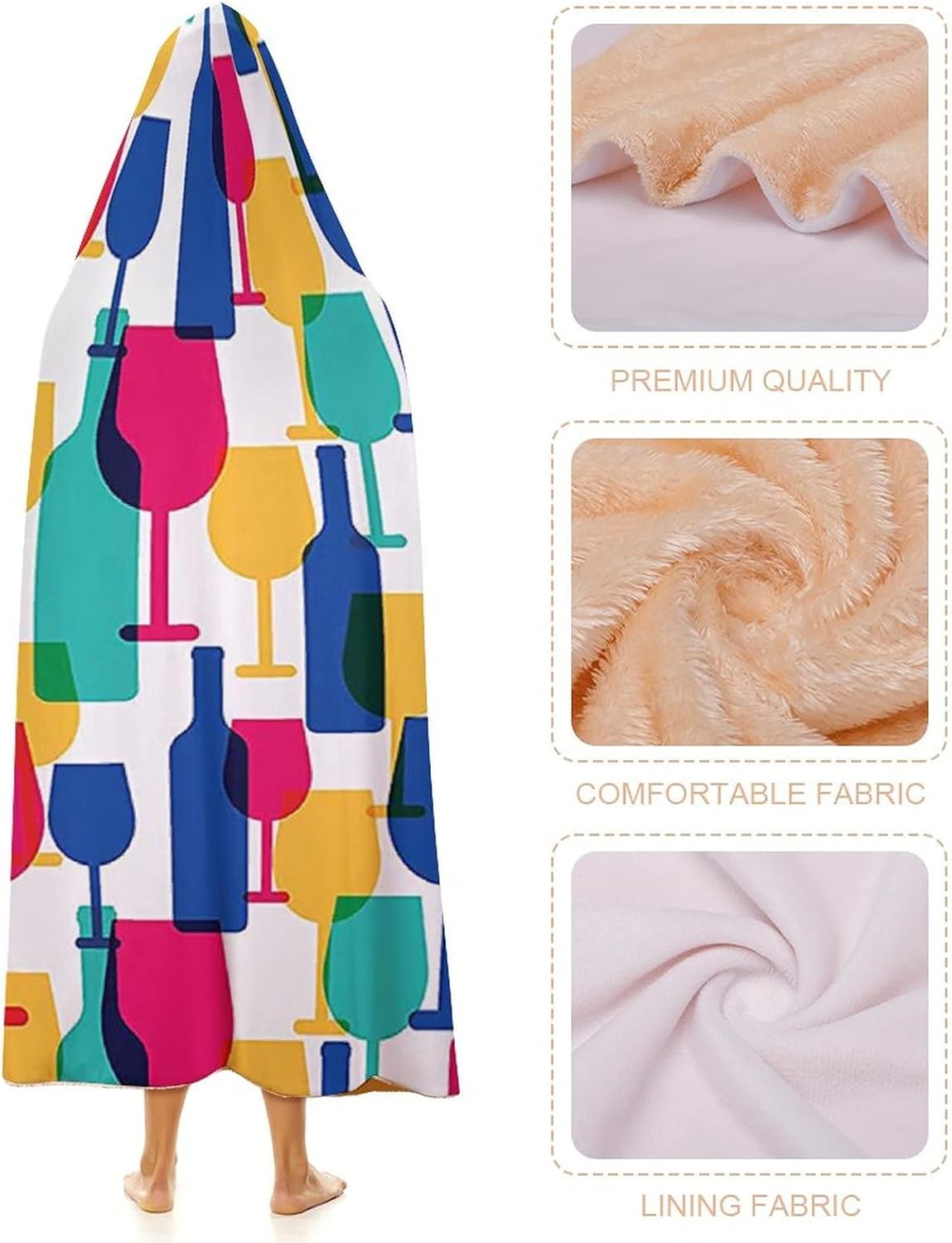 Throw Blankets, Winery Decor Wearable Hooded Blanket for Adults, Cocktail Glass and Wine Bottle Pattern Bar, Soft Warm Cozy, 50 x 60inches, Studying Reading Snuggling Napping Office, Magenta Navy