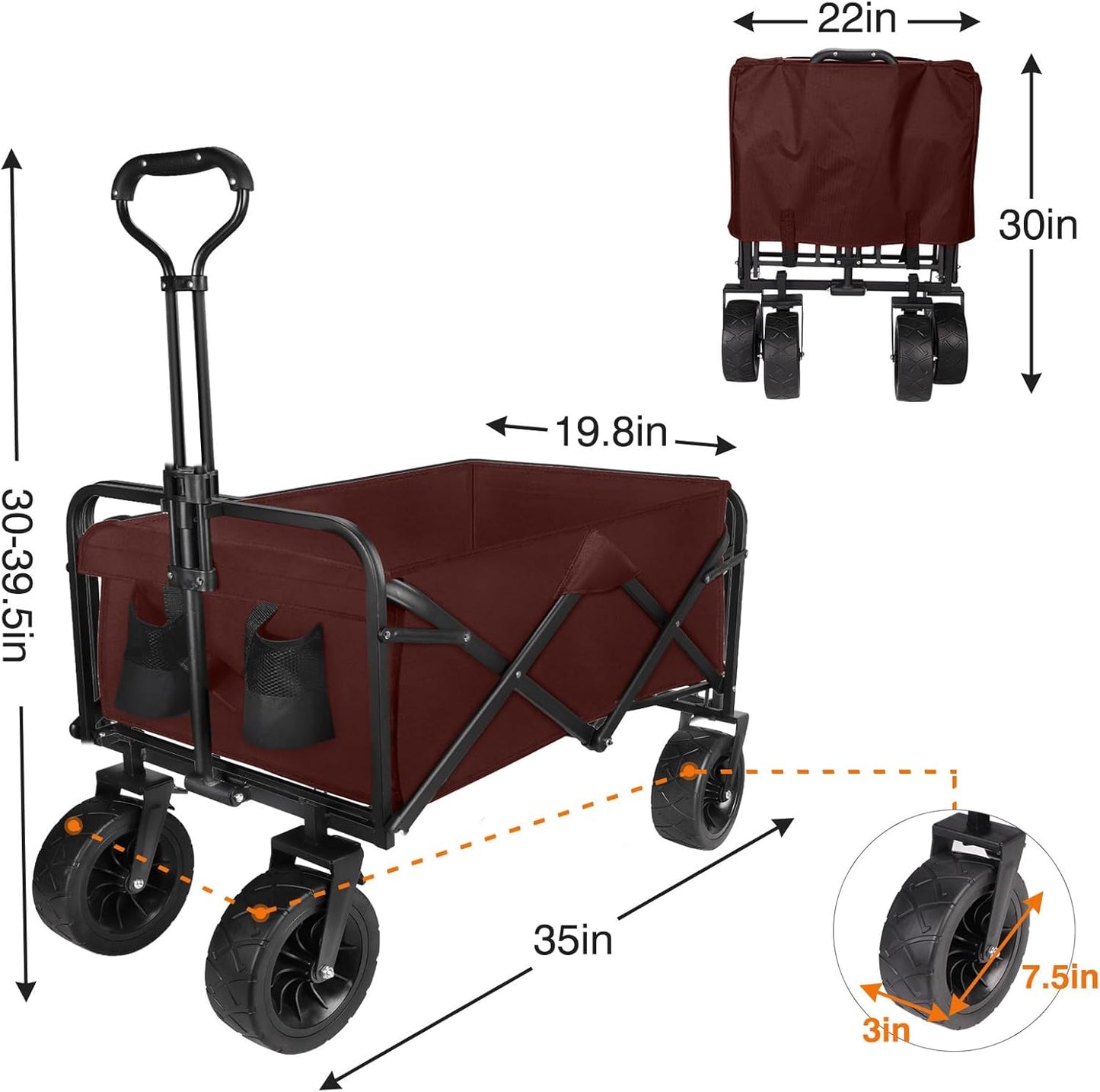 cjc 330LBS Collapsible Folding Wagon Cart,150L Capacity Outdoor Utility Wagons Carts Foldable with All Terrain Wide Wheels & Brakes, 600D Oxford Heavy-Duty Wagon for Camping Beach Garden(Brown)