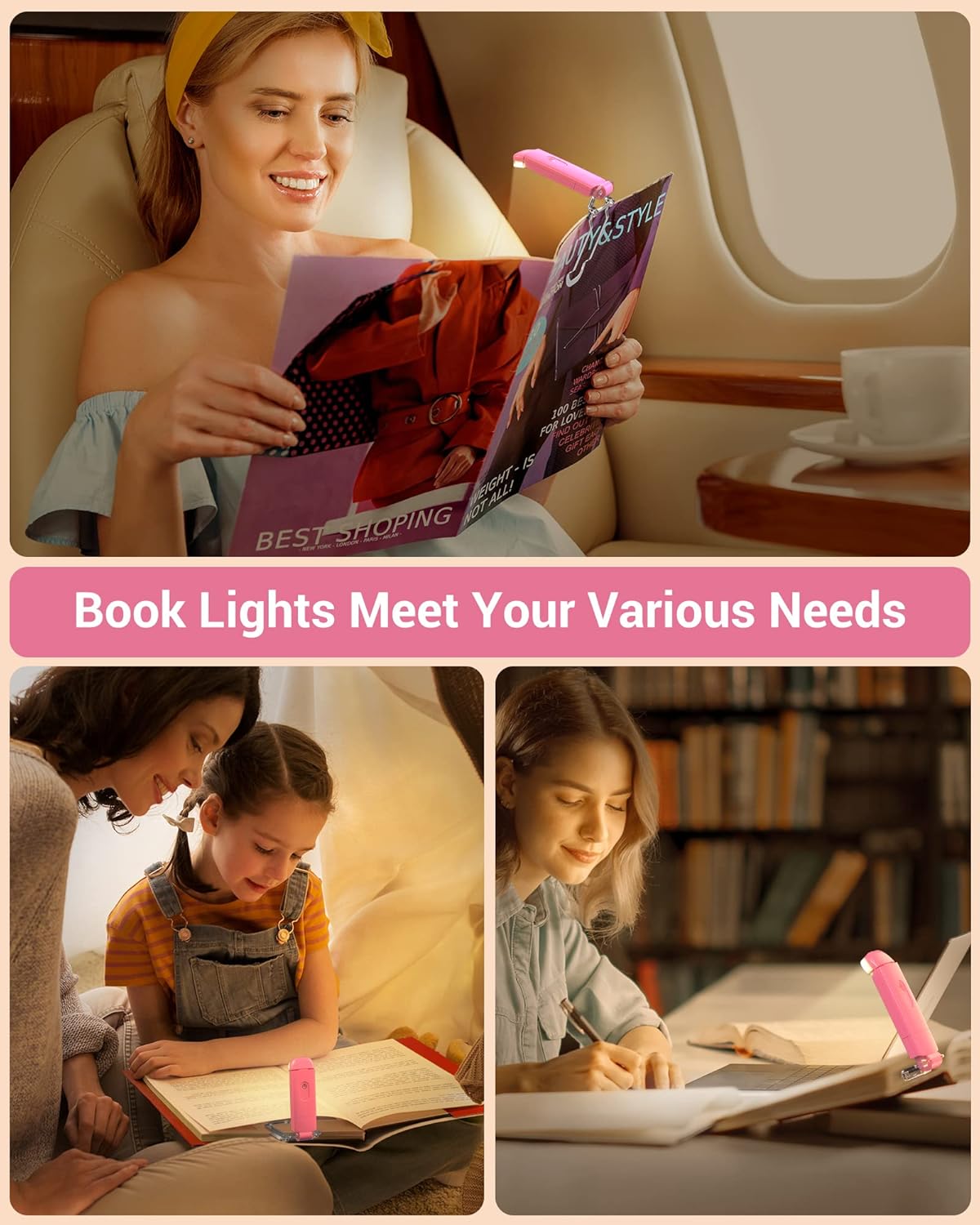 DEWENWILS Book Reading Light, USB Rechargeable Booklight for Reading in Bed, LED Clip On Book Lights for Kids, Bookworms, Blue Light Blocking, 4 Brightness Adjustable for Eye Care (Pink)