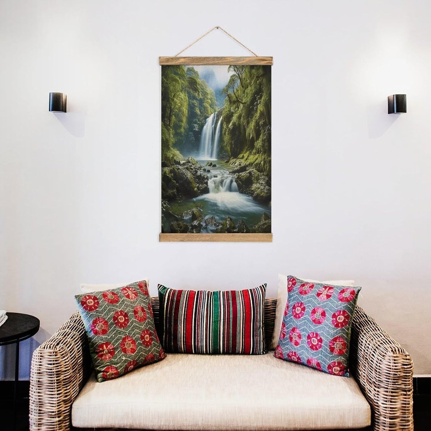 Vintage Waterfall Landscape Painting Poster with Wooden Frame Personalized Linen Hanging Scroll Painting Rustic Wall Hanging Illustrative Modern Artwork Decor for Home Living Room Bedroom Office