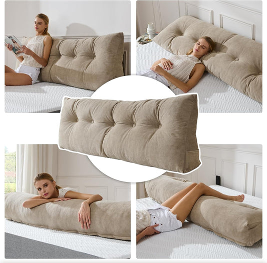 Lukace Premium Wedge Pillow Headboard with Removable Cover - Triangular Reading Support Backrest for Bed with Side Pockets, Perfect for Reading & TV (Beige Twin Size, 39x8x20 Inches)
