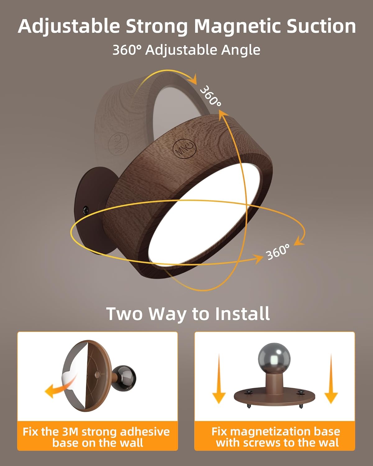 EZVALO LED Wall Mounted Light, 3000mAh Rechargeable Cordless Wall Sconce, Dimmable with Remote & Touch Control, 3 Color Temps, 360° Rotatable for Bedroom, Bedside, Reading(Walnut, 2Pack)