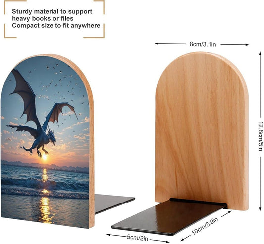 Sea Sunset Flying Dragon Bookends 1 Pair Heavy Duty Book Ends for Shelves Non-Skid Bookend Supports Wooden Book Holders with Metal Base Desk Organizers Books Storage to Hold Books