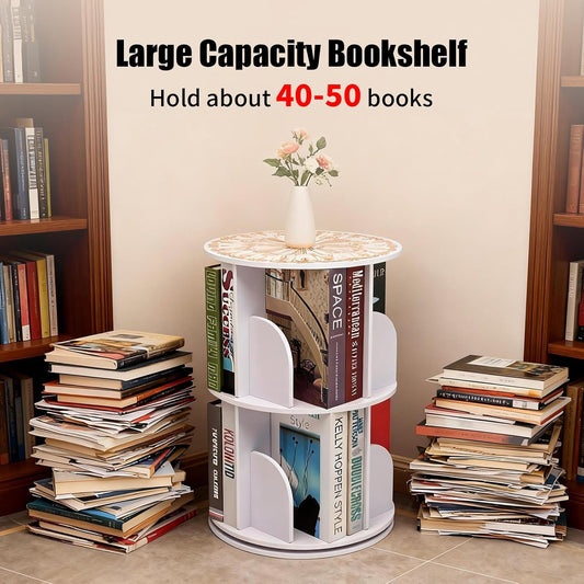 Desktop Double-Layer Rotating Bookshelf Tower – 360° Rotating Bookcase Storage Rack with 8 Shelves, Rotating Storage for Books,Making it Ideal for desks, nightstands, and Compact Corners.