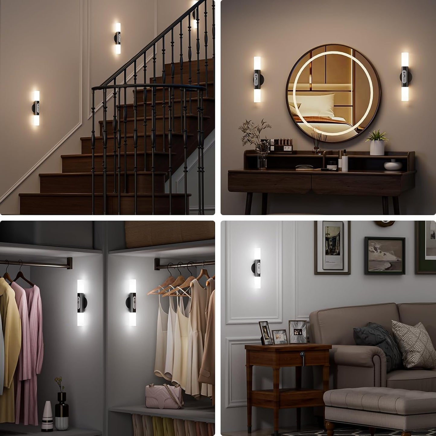 Motion Sensor Wall Lights with Remote Control, LED Rechargeable Battery Operated Wall Sconces Set of Two for Bedroom, Wireless Night Light for Indoor Stairway, Hallway, Black