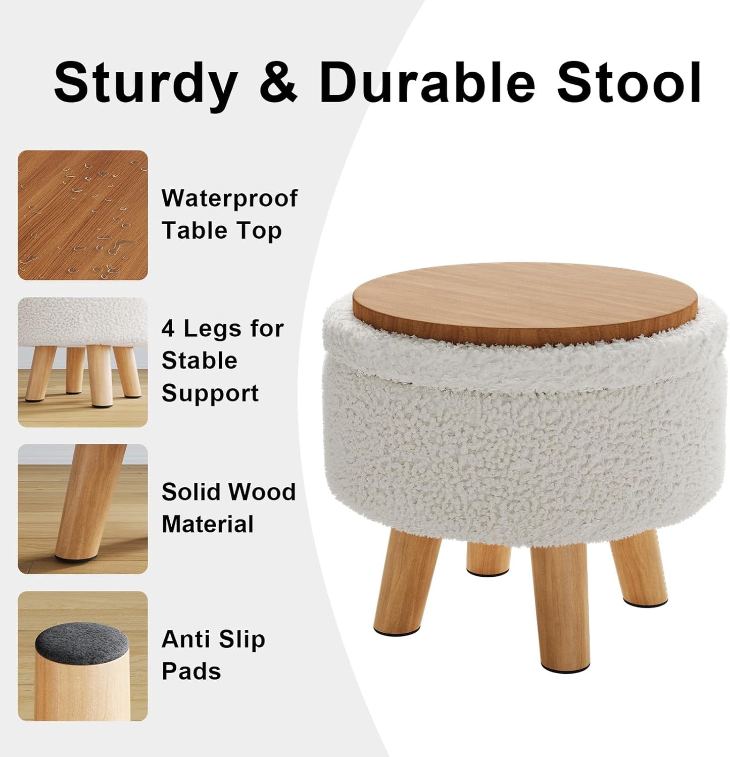 Small Ottoman Footrest, White Boucle Foot Stool, Round Pouf Ottoman with Storage, Teddy Velvet Foot Rest for Couch, Living Room, Nursery, Small Coffee Table Ottomans Stool
