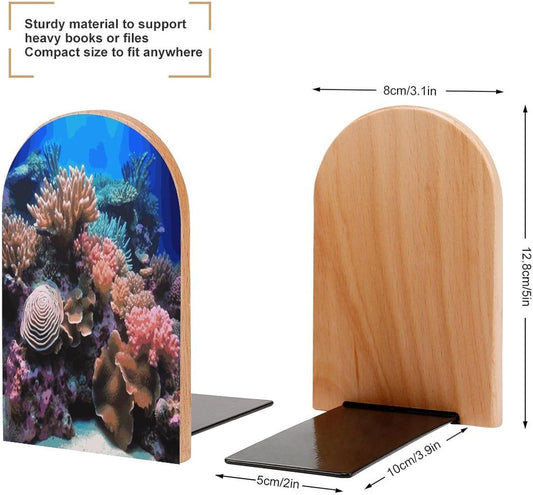 Underwater World Coral Bookends 1 Pair Heavy Duty Book Ends for Shelves Non-Skid Bookend Supports Wooden Book Holders with Metal Base Desk Organizers Books Storage to Hold Books