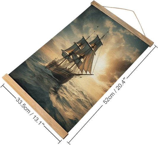 Vintage Ship Sailing Alone Poster with Wooden Frame Personalized Linen Hanging Scroll Painting Rustic Wall Hanging Illustrative Modern Artwork Decor for Home Living Room Bedroom Office