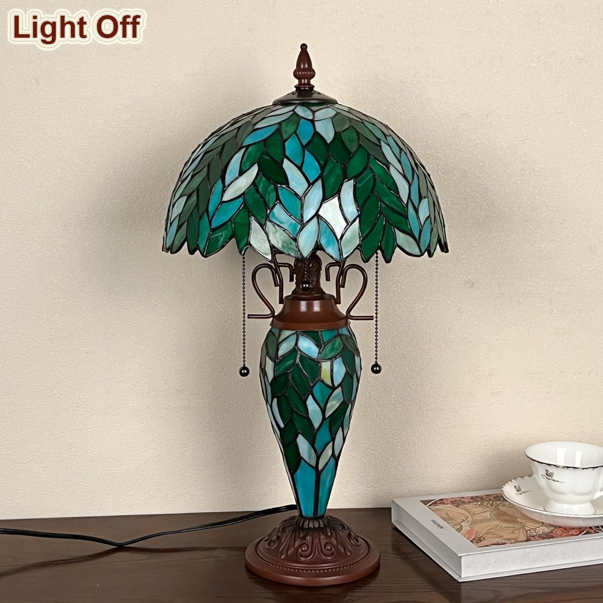 Tiffany Table lamp with nightlight, Green Wisteria Stained Glass Desk Light - Antique 3-Lights Medium Nightstand Bedside Reading Light for Living Room Bedroom Office