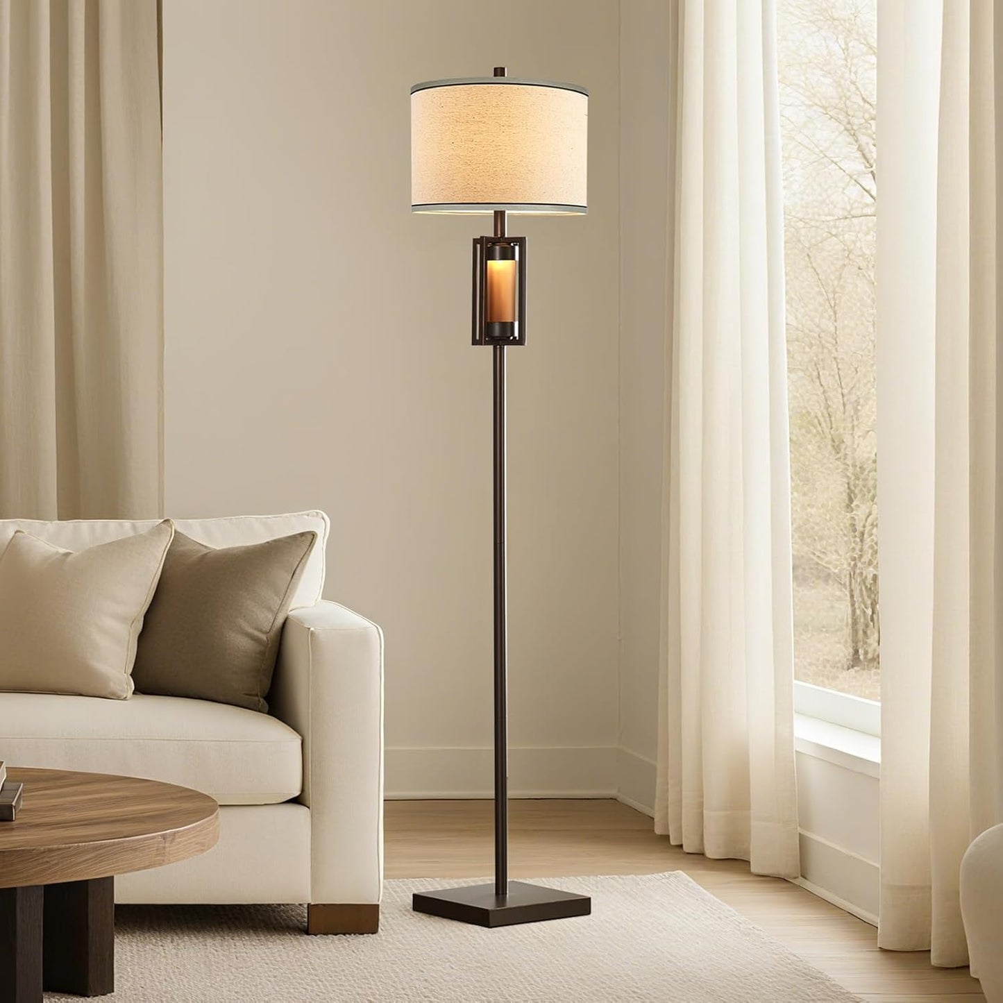 RORIANO 63'' Rustic Floor Lamp for Living Room with 2 Light Sources, Farmhouse Tall Standing Lamp with Amber NightLight, Vintage Lamp for Bedroom Reading Room Office, Bulbs Included (Brown)