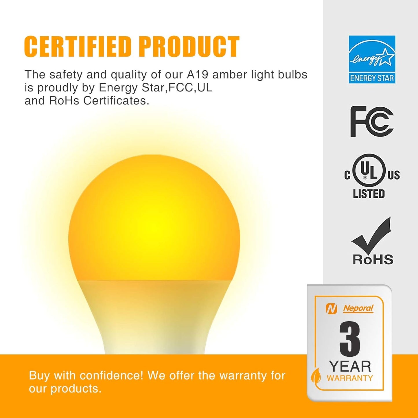 Neporal Amber Light Bulbs, 9W 60W Equivalent A19 Soft Light Bulb, Blue Light Blocking Warm Light Bulbs, 1800K Amber Night Light Bulb, Dim Bulb for Healthy Sleep and Baby Nursery Light (3)