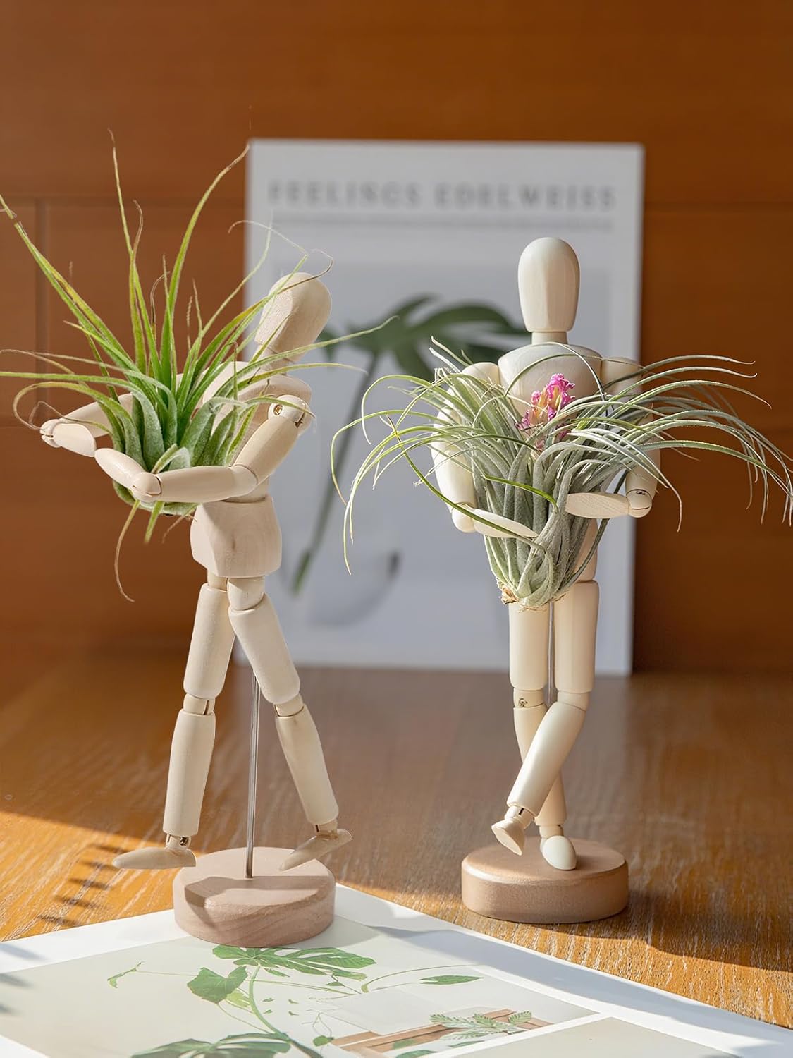 ANPHSIN 4 Pcs 8.6'' Wooden Air Plant Holder - Unique Jointed Mannequin Airplant Stand with Adjustable Poses, Tillandsia Display Container for Home Office Decoration Housewarming Gift
