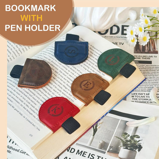 MOTEERLLU Bygone Mark Bookmark with Pen Holder, Initial Personalized Leather Magnetic Book Mark, Custom Bookmarks for Women & Men, Ideal Gift for Book Lovers, Readers