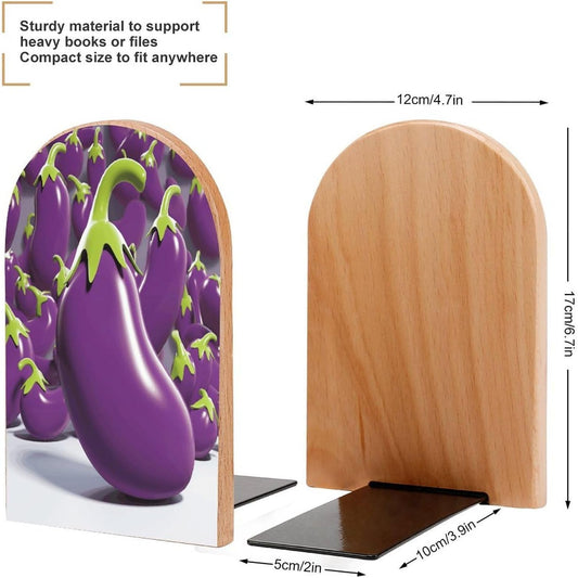 Cartoon Eggplant Bookend for Shelves Wooden Book End Large Size Sturdy Book Holders Stoppers with Metal Base for Bookshelves Slick Decorative Bookends Stands