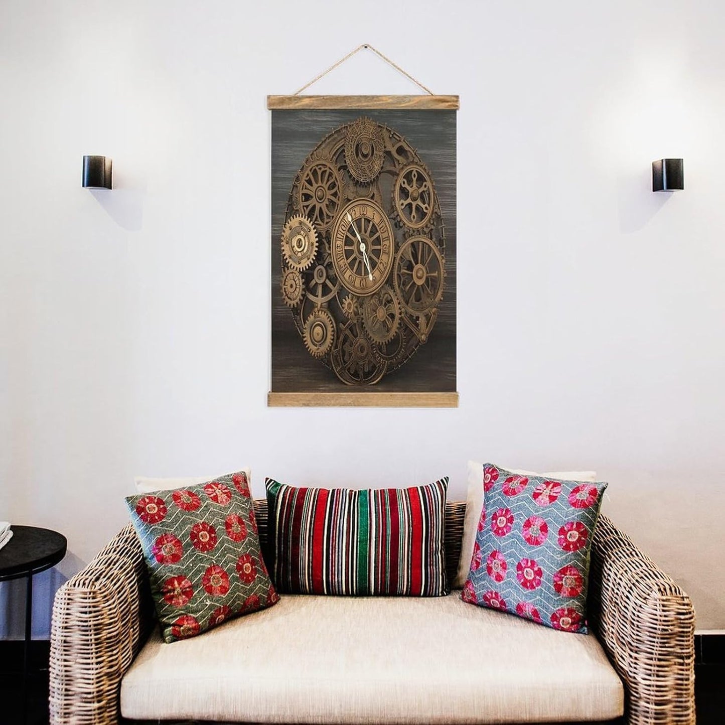 Vintage Steampunk Gears Clock Poster with Wooden Frame Personalized Linen Hanging Scroll Painting Rustic Wall Hanging Illustrative Modern Artwork Decor for Home Living Room Bedroom Office