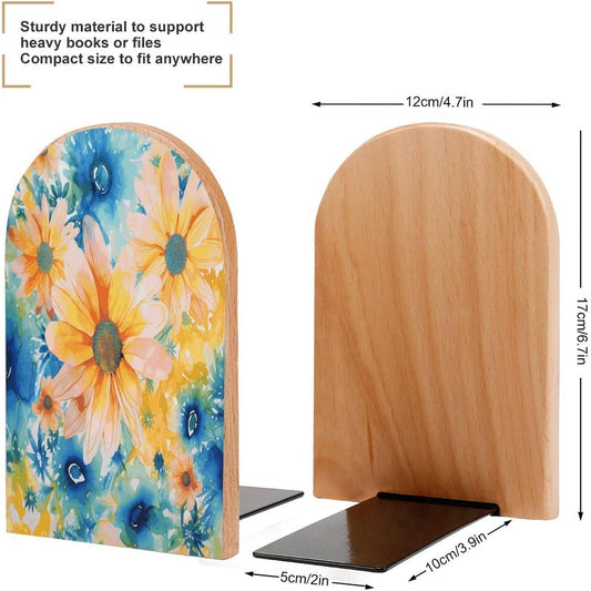 Watercolor Floral Pattern on Tie Dye Wooden Bookend Non-Slip Book Ends Heavy Duty Book Stopper with Metal Base Books Holderd Decorative Bookends Stands Firmly for Office Supplies