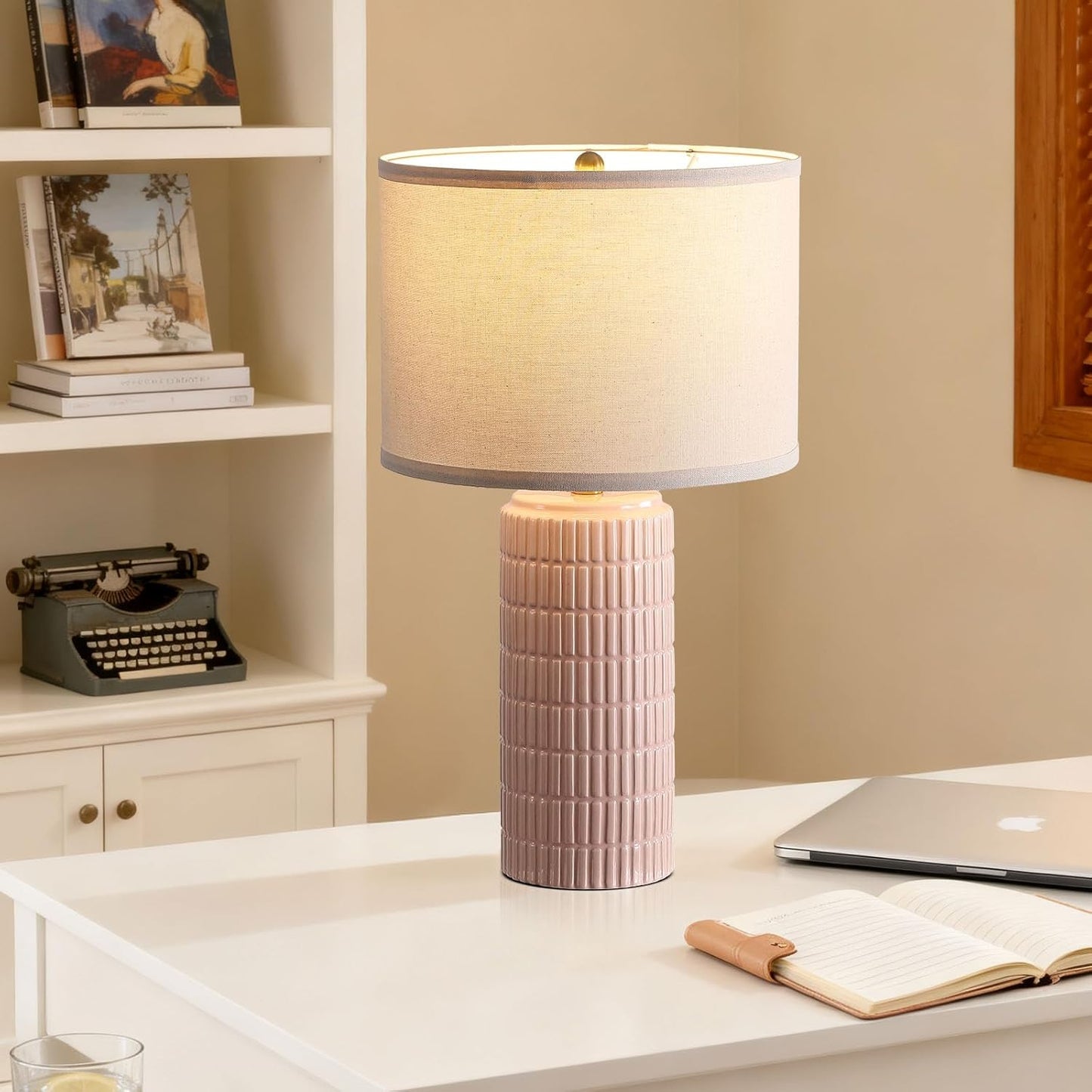 Modern Ceramic Table Lamp Set of 2, Bedside Lamp for Bedroom Decor, Nightstand Lamp with 3 Color Temperatures, Desk Light for Living Room Dorm Office, Pink