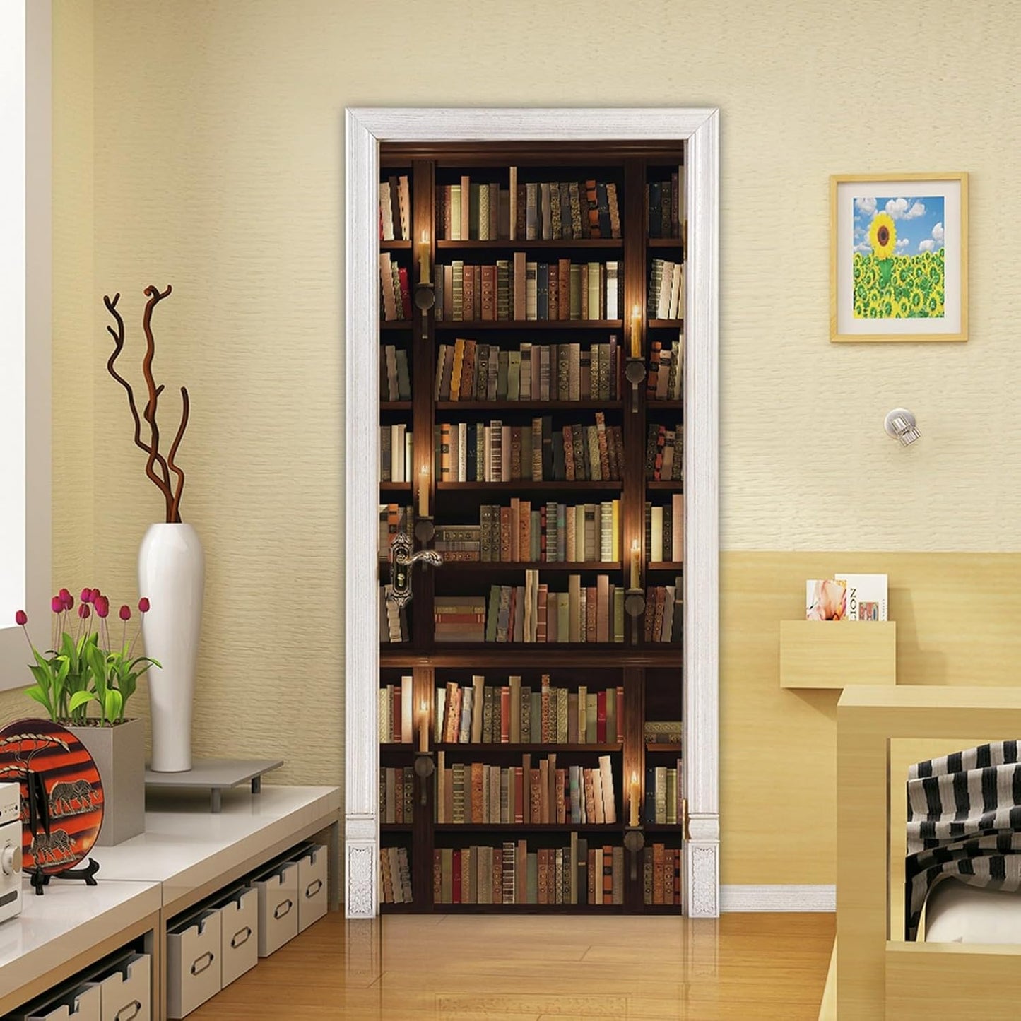 3D Door Stickers for Interior Doors Bookshelf Full of Old Books in Mysterious Library Vinyl Waterproof Self Adhesive Door Mural Decals for Bedroom Office Bathroom 77 x 200cm