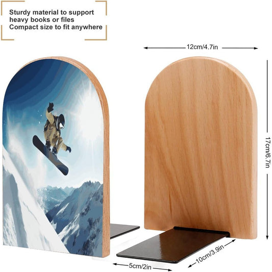 Non-Slip Bookend for Shelves Snowboarding Wooden Bookends with Metal Base Decorative Book Stopper for Home Heavy Duty Wood Book Storage for Books/CDs