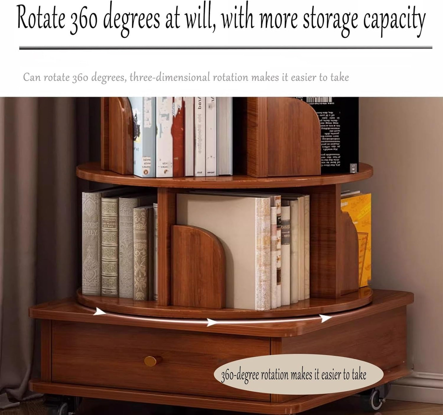 4/5 Tier Round Rotating Bookshelf 360° Spinning Bookshelf Tower Movable Floorstanding Bookcase With Wheels,spinning Storage Tower Corner Bookshelf For Small Space For Bedroom, Living Room(Walnut,4tier